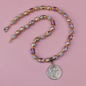 Silver coin charm choker, colorful multi beads and pearl necklace